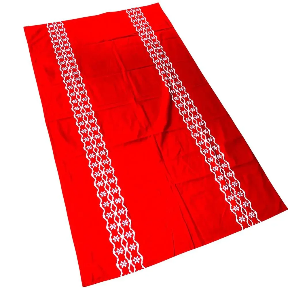 Vintage 60's printed cotton tablecloth red & white geometric print rectangle